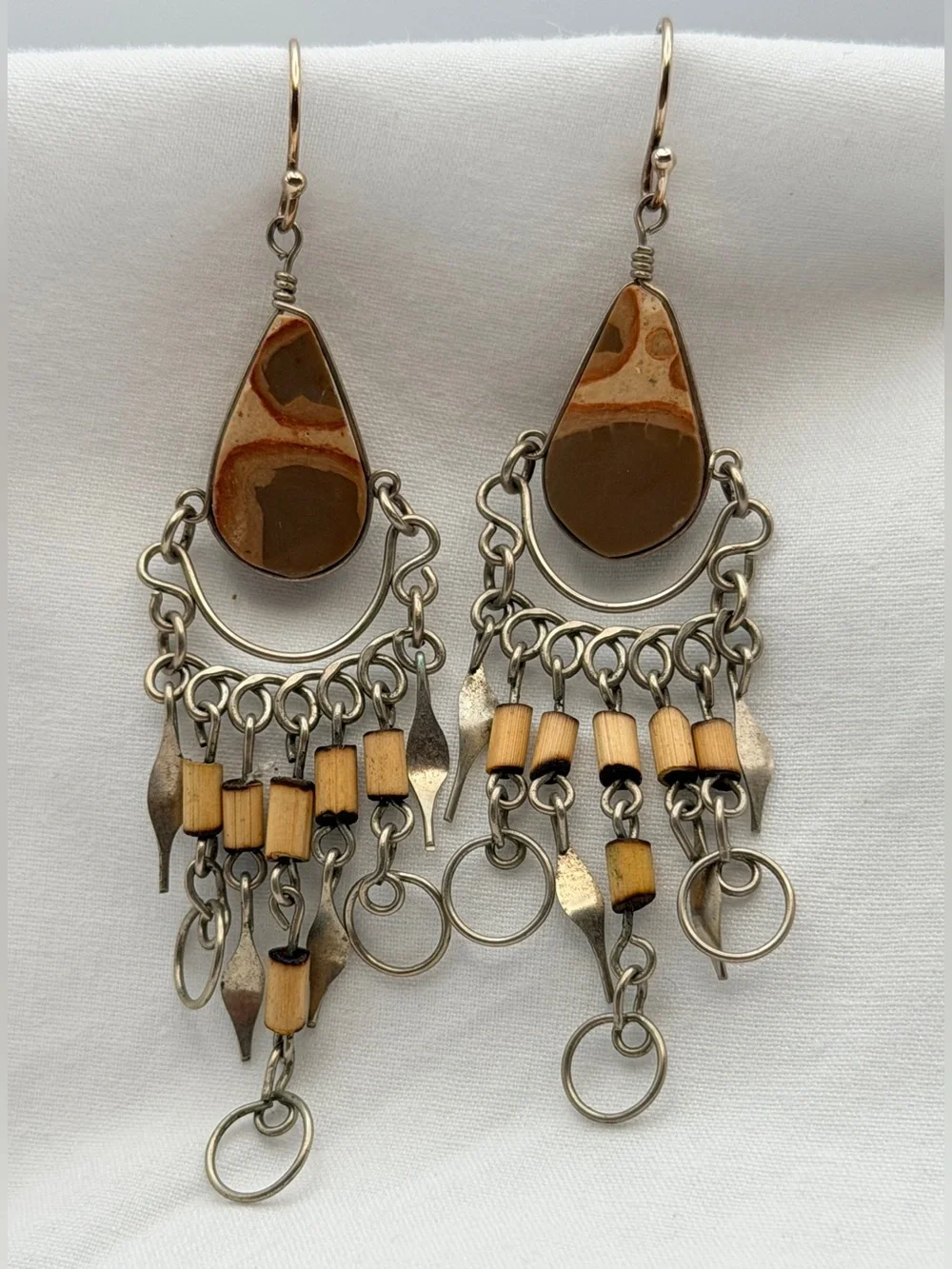 Handcrafted Picture-Jaspers Teardrop Dangle Chandelier Sterling Silver Earrings